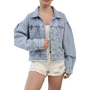 Women's Crop Jean Denim Jackets Button Down Long Sleeve Jacket Coat Light Blue